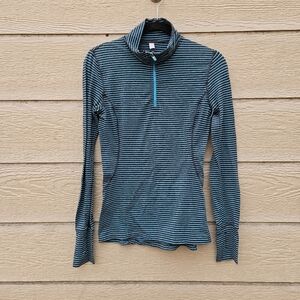 GapFit gray and aqua striped quarter zip jacket with thumb holes size small